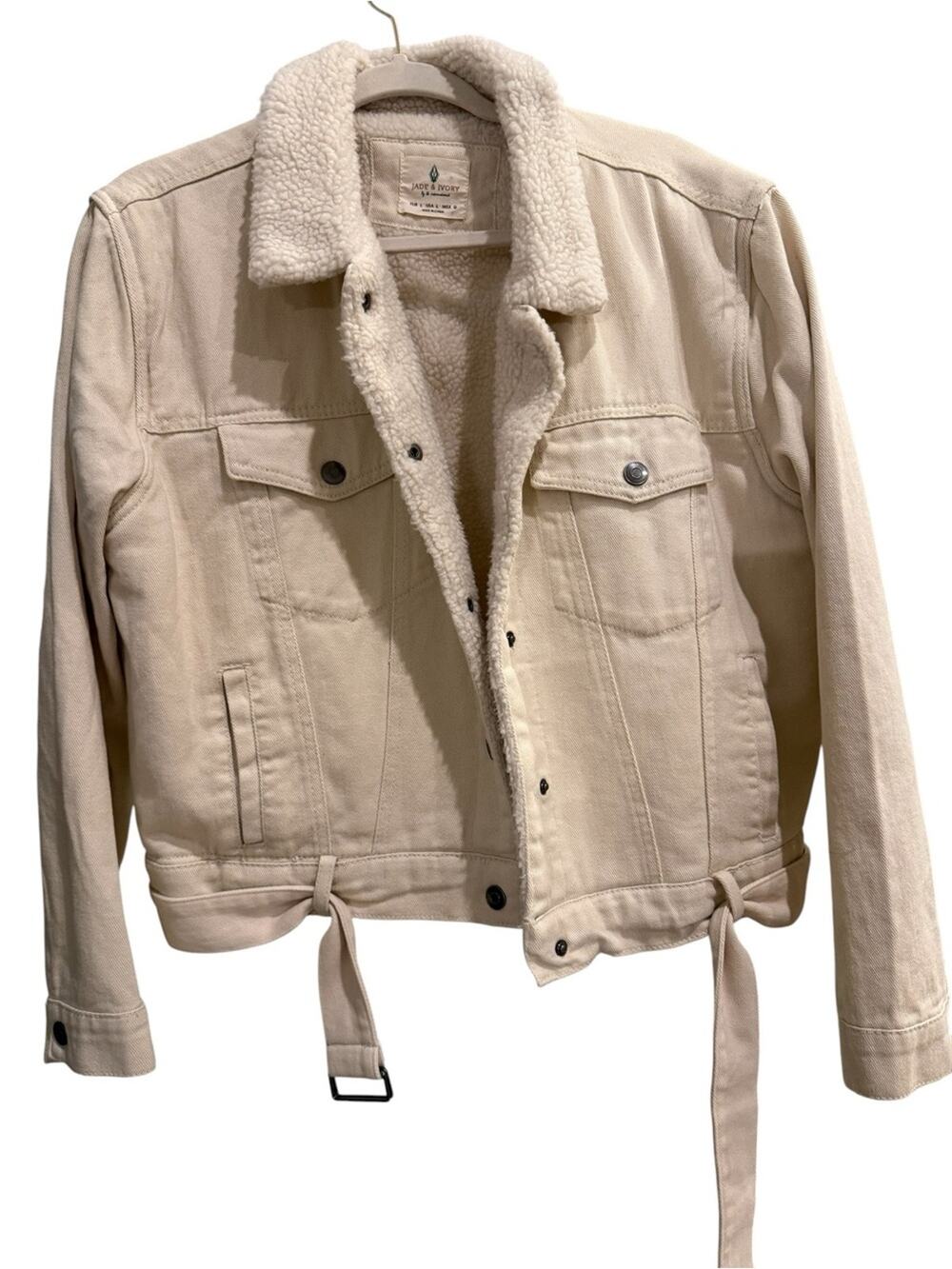 Jade & ivory Y2K Indie Cream Belted Sherpa-Lined Trucker Jacket - Size Large